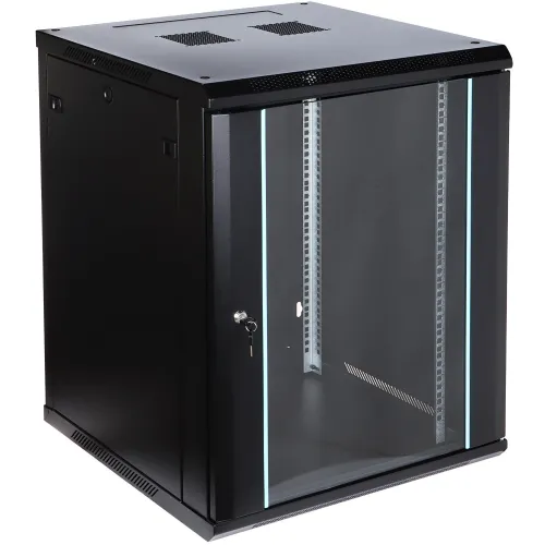 A black wall-mounted rack cabinet with a transparent front door and secure lock, designed for organizing and protecting network equipment. The cabinet features ventilation slots on the top and sides for optimal airflow.