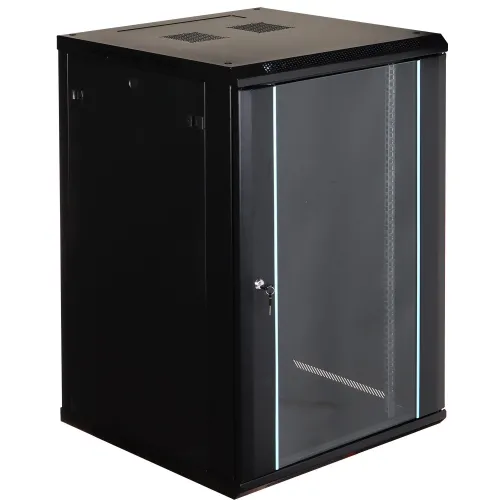 A black wall-mounted rack cabinet with a transparent front door and secure lock, designed for organizing and protecting network equipment. The cabinet features ventilation slots on the top for efficient airflow and cooling.