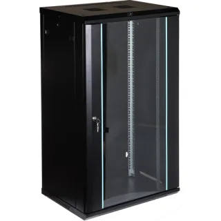 Wall-mounted black rack cabinet with a transparent front door and secure lock. Designed for organizing and protecting network equipment, featuring ventilation slots on the top.
