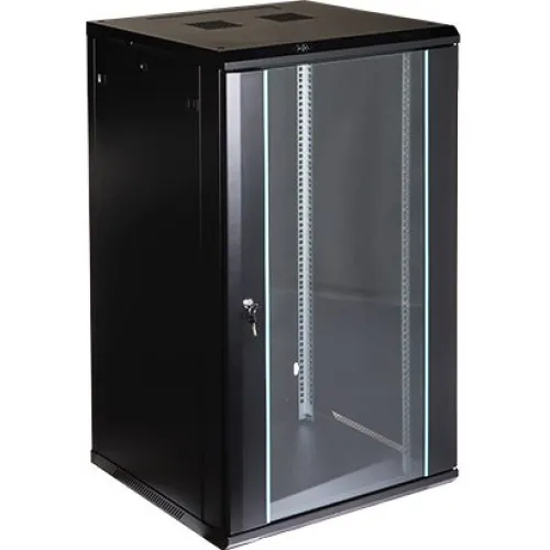 A black wall-mounted rack cabinet with a transparent front door and secure lock, designed for organizing and protecting network equipment. The cabinet features ventilation slots on the top for efficient airflow.