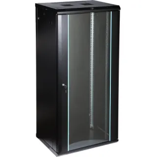 A black wall-mounted rack cabinet with a transparent front door and a secure locking mechanism. The cabinet features a sleek design with ventilation slots on the top for efficient airflow.