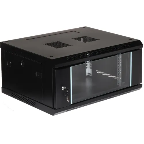 Wall-mounted black rack cabinet with a transparent front door and secure lock. Features ventilation slots on the top and sides for optimal airflow.