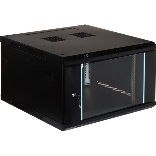 Wall-mounted black rack cabinet with a transparent front door and secure lock, designed for organizing and protecting network equipment. Features ventilation slots on the top for efficient airflow and side panels for easy access.