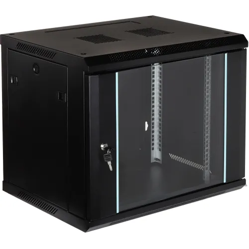 A black wall-mounted rack cabinet with a transparent front door and secure lock, designed for organizing and protecting network equipment. The cabinet features ventilation slots on the top and sides for optimal airflow.
