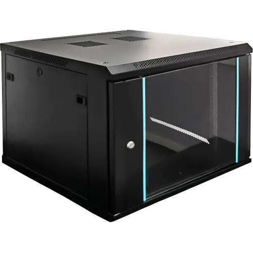 Wall-mounted black rack cabinet with a transparent front door and ventilation slots on the top panel. Designed for organizing and securing network equipment, it features a sleek, modern design suitable for various environments.