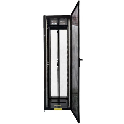 A tall, black server rack cabinet with open mesh doors for ventilation is shown. The interior features adjustable mounting rails and ample space for organizing network equipment.