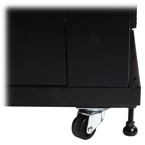 A black cabinet is shown with a sturdy metal frame, featuring both caster wheels and adjustable legs for versatile mobility and stability. The design allows for easy relocation or secure stationary placement, making it suitable for various settings.
