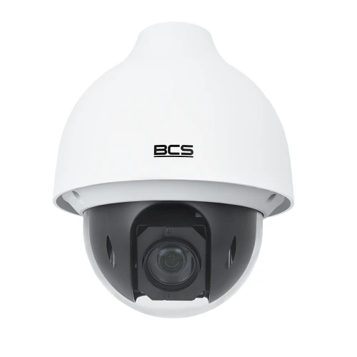 A high-speed 4MP dome security camera with a sleek white housing and a black inner mechanism. The camera features advanced optics for enhanced surveillance capabilities.