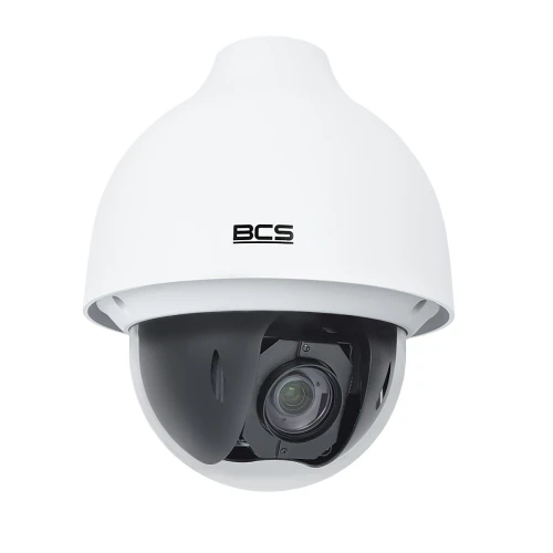 A high-speed dome security camera with a sleek white casing and a clear protective cover, featuring advanced 4MP resolution for detailed surveillance. The camera is designed for efficient 360-degree monitoring, suitable for both indoor and outdoor use.