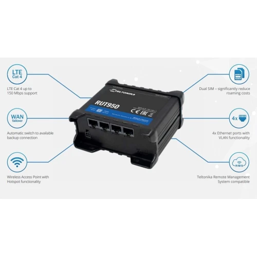 Teltonika RUT950 | Professional industrial 4G LTE router | Cat.4, WiFi, Dual Sim, 1x WAN, 3X LAN, RUT950 U022C0