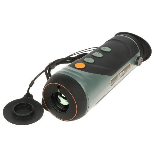 Handheld thermal monocular with a sleek design, featuring a 25mm lens and multiple control buttons for easy operation. The device includes a protective lens cap attached with a strap for convenience.