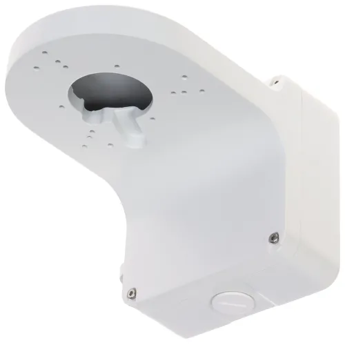 A white, wall-mounted bracket designed for spherical cameras, featuring a sturdy construction with multiple screw holes for secure installation. The bracket has a sleek, modern design with a smooth finish and a cable entry point for easy wiring.