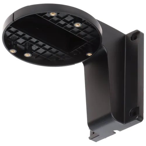 A black camera mount bracket designed for secure wall installation, featuring a sturdy construction with multiple screw holes for easy attachment. The mount has a sleek, modern design suitable for various camera models.