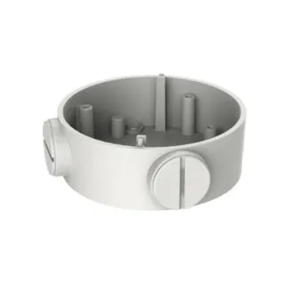 A round, white camera mount designed for secure installation, featuring multiple internal attachment points and two external screw covers. The mount is suitable for various surveillance camera models, providing a sturdy and discreet setup.