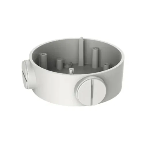 A round, white camera mount designed for secure installation, featuring multiple internal attachment points and two external screw covers. The mount is suitable for various surveillance camera models, providing a sturdy and discreet setup.
