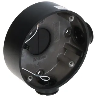 A black, circular camera mount designed for secure installation, featuring multiple screw holes and cable entry points. The interior is metallic with clear labeling for easy setup and alignment.