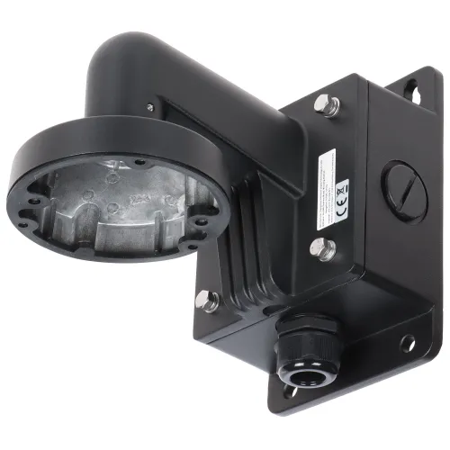 A sturdy black wall mount bracket designed for securely holding surveillance cameras, featuring a robust metal construction with multiple mounting holes for easy installation. The bracket includes a protective housing for cable management, ensuring a neat and professional setup.