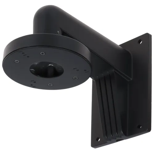 A black, wall-mounted camera bracket designed for secure and stable installation of surveillance cameras. The bracket features a sleek, durable design with a round mounting plate and a sturdy arm for optimal support.