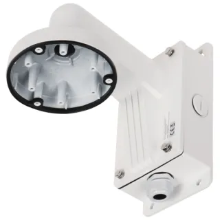 The image shows a white, wall-mounted camera bracket designed for outdoor use, featuring a sturdy construction with a circular base and multiple mounting points. The bracket includes a protective cover and a cable entry point for secure installation.