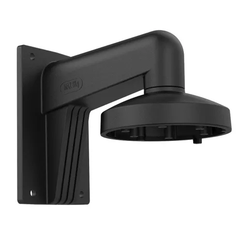 A sleek black wall mount bracket designed for securely holding surveillance cameras, featuring a robust construction with a curved arm and a circular base. The mount is suitable for both indoor and outdoor use, providing stability and durability for various camera installations.