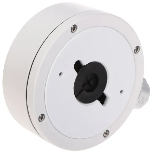 The image shows a round, white camera mount with a sturdy metal construction and multiple screw holes for secure installation. It features a central opening for cable management and a side conduit entry for easy wiring.