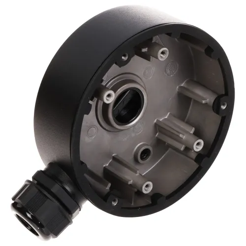The image shows a black Hikvision camera mount designed for secure and stable installation. It features a robust circular design with multiple screw holes for easy attachment.