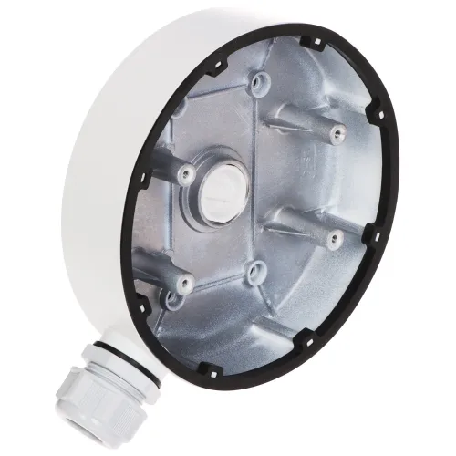The image shows a round, metallic camera mount with a white exterior and multiple screw holes for secure installation. It features a cable entry point on the side, designed for easy connection and integration with surveillance systems.
