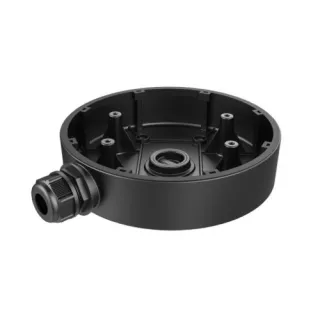 The image shows a black circular camera mount designed for secure installation, featuring multiple screw holes for easy attachment. It includes a cable entry point with a protective fitting to ensure organized and safe wiring.