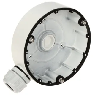 The image shows a round, white camera mount bracket with a metallic interior and multiple screw holes for secure installation. It features a cable entry point on the side, designed for easy wiring and connectivity.