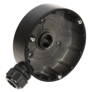 A black Hikvision camera mount with a circular design and multiple screw holes for secure attachment. The mount features a cable entry point for easy installation and connectivity.