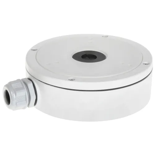 A white, round camera mount designed for secure installation, featuring a robust construction with a cable entry point on the side. The mount is suitable for outdoor use, providing a stable base for various camera models.