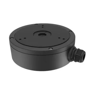A black Hikvision camera mount with a circular design and multiple screw holes for secure installation. The mount features a side cable entry point for easy wiring integration.