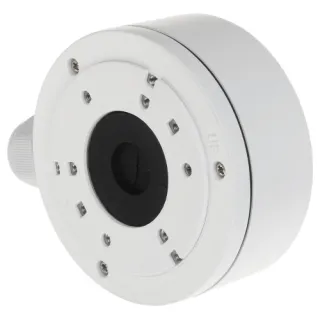 The image shows a white, circular camera mount designed for secure installation, featuring multiple screw holes for adjustable positioning. The mount has a sleek design with a labeled "UP" indicator for proper alignment.
