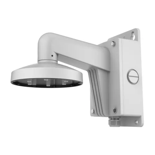The image shows a white, wall-mounted camera bracket designed for outdoor use, featuring a sturdy arm and a circular base for secure camera attachment. The bracket includes a protective cover and a cable entry point for easy installation and maintenance.