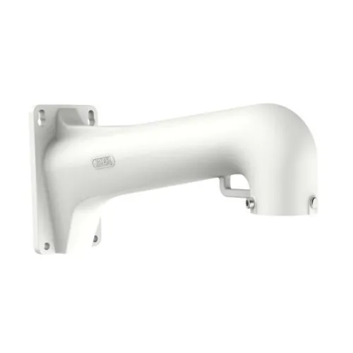 Wall-mounted, white camera bracket designed for secure and stable installation. Features a sleek, curved design with a durable finish suitable for outdoor use.