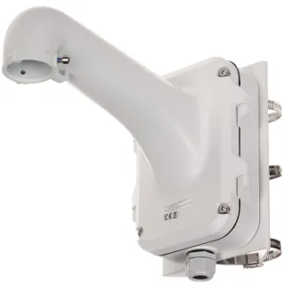 A white, durable camera mount designed for secure wall installation, featuring a robust arm and multiple attachment points. The mount includes adjustable clamps and a protective cover for enhanced stability and weather resistance.