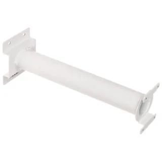 The image shows a white, cylindrical camera mount bracket designed for secure wall installation. It features a sturdy construction with mounting holes on both ends for easy attachment.
