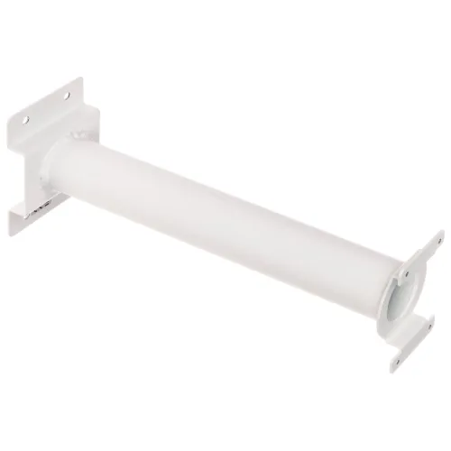 The image shows a white, cylindrical camera mount bracket designed for secure wall installation. It features a sturdy construction with mounting holes on both ends for easy attachment.