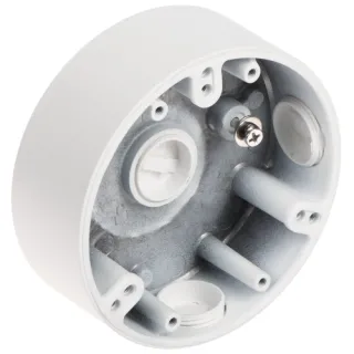 The image shows a round, white camera mount with multiple screw holes and a central metal attachment point. It is designed for secure installation of surveillance cameras, featuring a durable construction suitable for various environments.