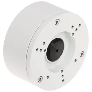 A white, circular camera mount with multiple screw holes for secure installation. The mount features a central opening for cable management and is designed for compatibility with various camera models.