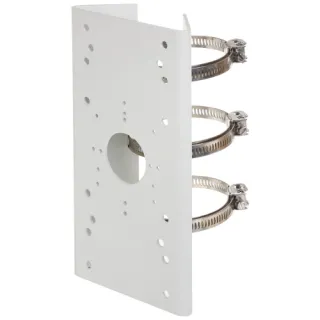 A white metal pole mount bracket with multiple holes for versatile installation, featuring three adjustable stainless steel straps for secure attachment. The design includes a central circular cutout and a durable construction suitable for outdoor use.