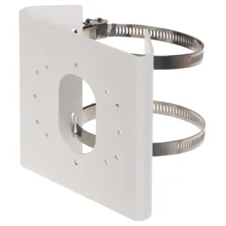 A white metal pole mount bracket designed for secure installation of surveillance cameras, featuring multiple holes for versatile mounting options. The bracket includes adjustable stainless steel straps for easy attachment to various pole sizes.