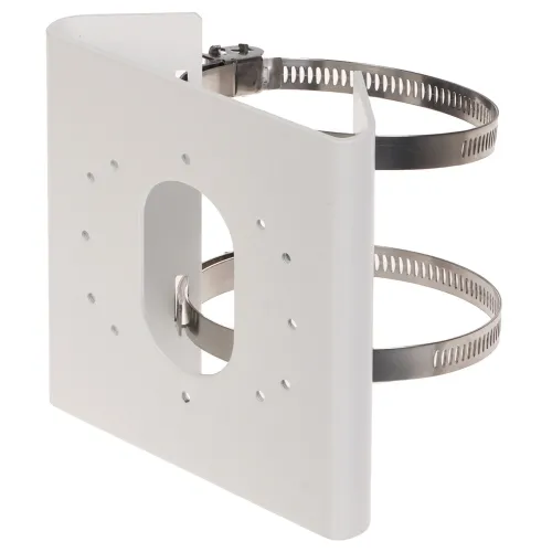 A white metal pole mount bracket designed for secure installation of surveillance cameras, featuring multiple holes for versatile mounting options. The bracket includes adjustable stainless steel straps for easy attachment to various pole sizes.
