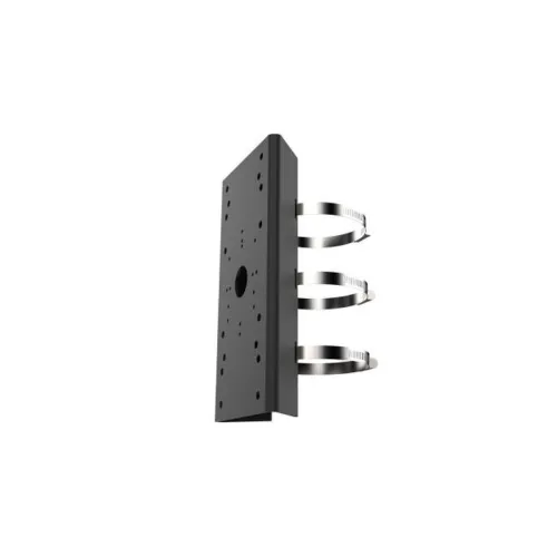 A black metal pole mount bracket designed for secure installation of surveillance cameras, featuring multiple holes for versatile mounting options. It includes two adjustable stainless steel straps for stable attachment to various pole sizes.