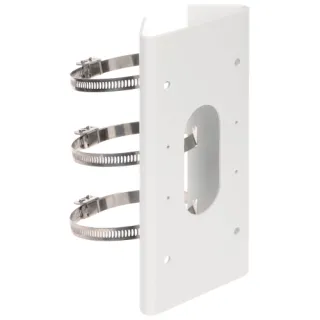 The image shows a white metal pole mount bracket designed for securing surveillance cameras, featuring three adjustable stainless steel straps for stability. The bracket has a sleek, durable design with multiple holes for versatile installation options.