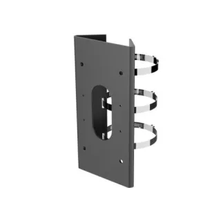 A black metal pole mount bracket designed for secure attachment of surveillance cameras, featuring an oval cutout and three adjustable stainless steel straps. The sturdy construction ensures stability and durability for outdoor installations.