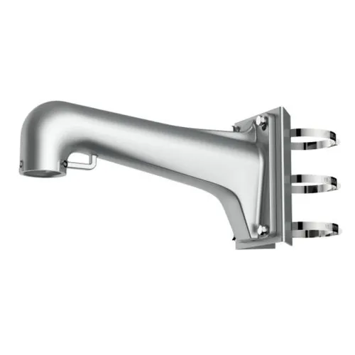 A sleek, metallic wall mount bracket designed for securing surveillance cameras, featuring a robust arm and multiple mounting holes for stability. The bracket includes adjustable clamps for easy installation on poles.