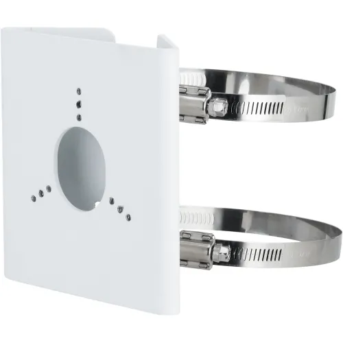 A white metal pole mount bracket with a circular cutout in the center, designed for securing surveillance cameras. It features two adjustable stainless steel straps for easy installation on various pole sizes.