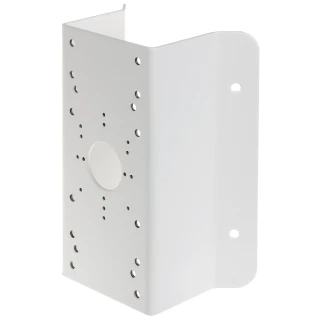 The image shows a white, metal corner mount bracket designed for securely attaching surveillance cameras. It features multiple pre-drilled holes for versatile installation options on various surfaces.