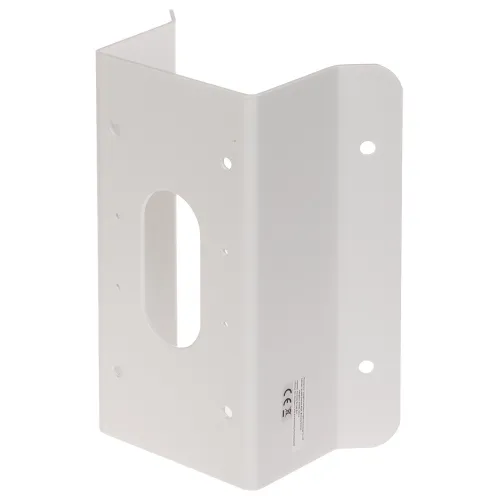 White corner mount bracket designed for Hikvision cameras, featuring multiple pre-drilled holes for easy installation. The sturdy metal construction ensures durability and stability for secure camera placement.